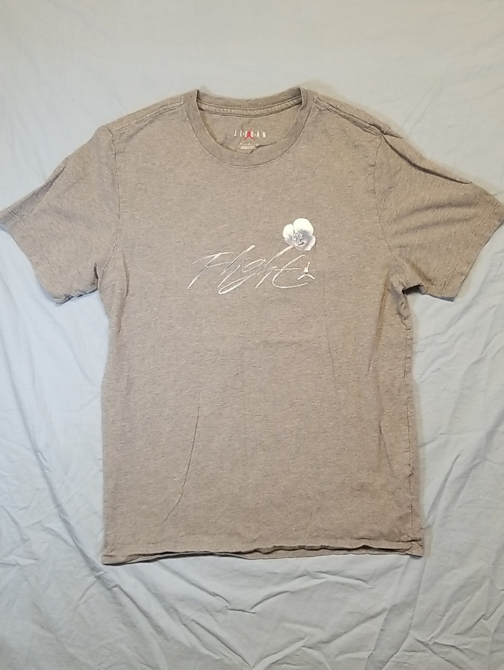 Air Jordan Flight Grey Chrome Flower Big Logo Spellout T Shirt Vintage Y2K